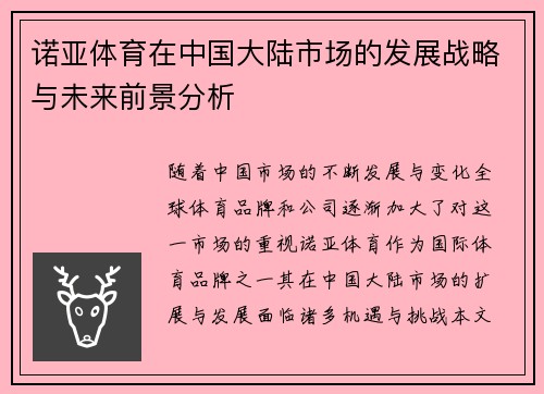 诺亚体育在中国大陆市场的发展战略与未来前景分析